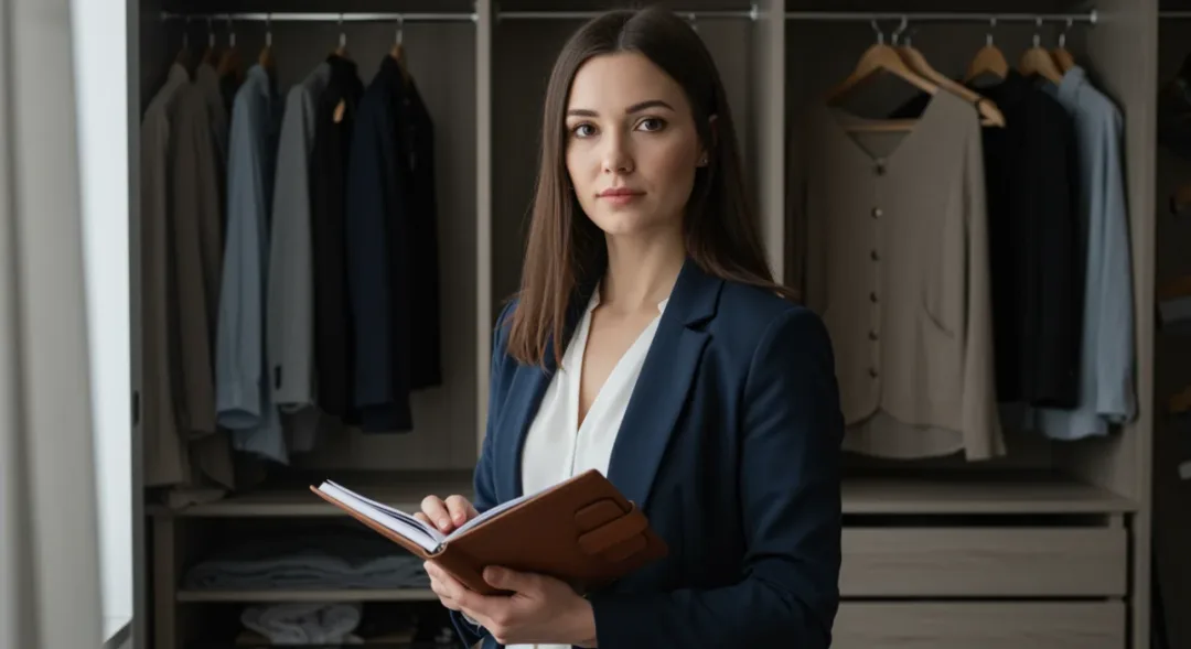 Professional woman organizing capsule wardrobe in modern closet