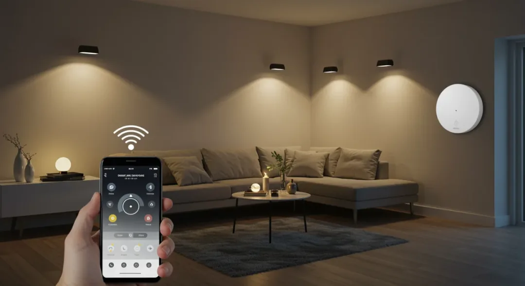 Modern living room with smart lighting system showing dimmable LED bulbs and smartphone app control