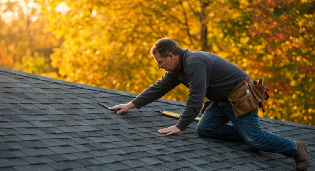 Roofer conducting autumn inspection on suburban home roof with golden fall foliage in background