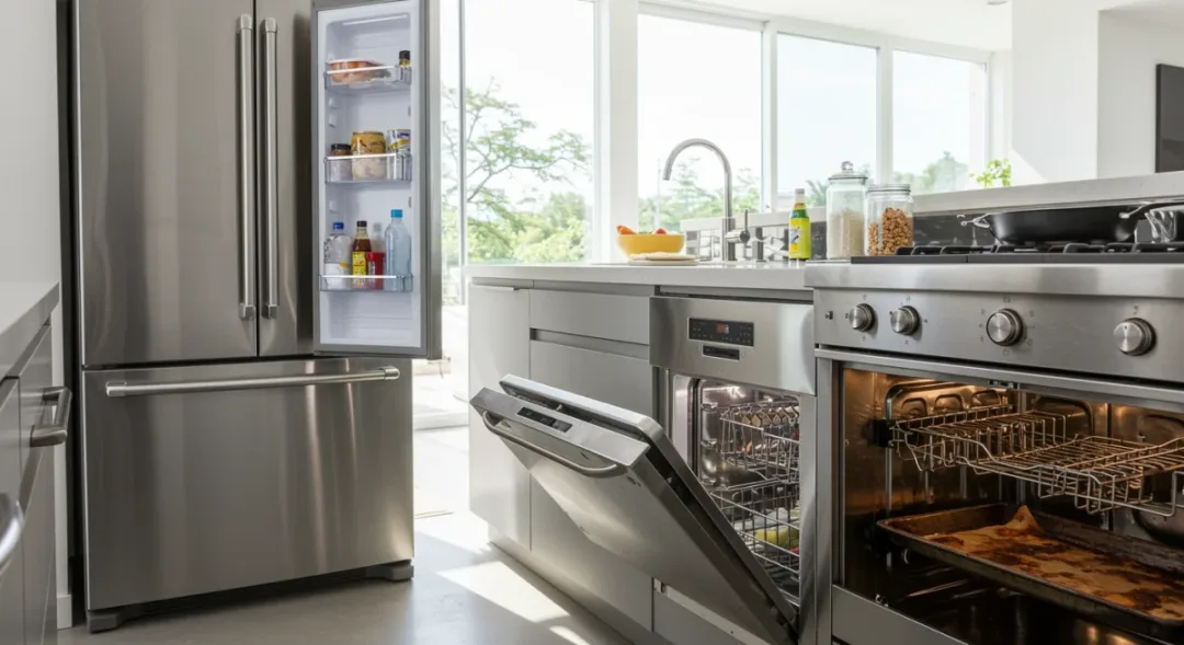 Kitchen appliances including refrigerator, dishwasher and oven in a modern home setting