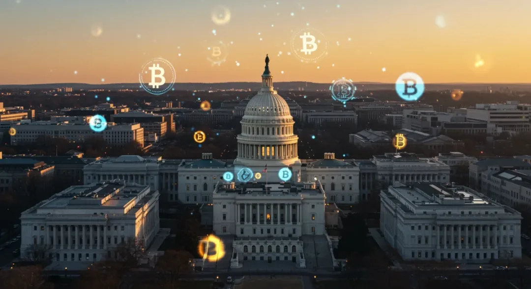 Federal buildings with cryptocurrency symbols representing regulatory investigation