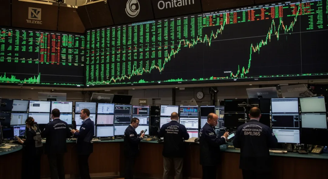 Stock market trading floor with screens showing record high indices