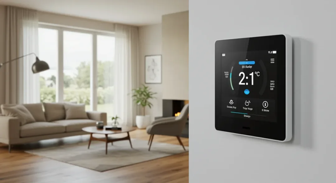 Smart thermostat displaying energy settings in modern living room