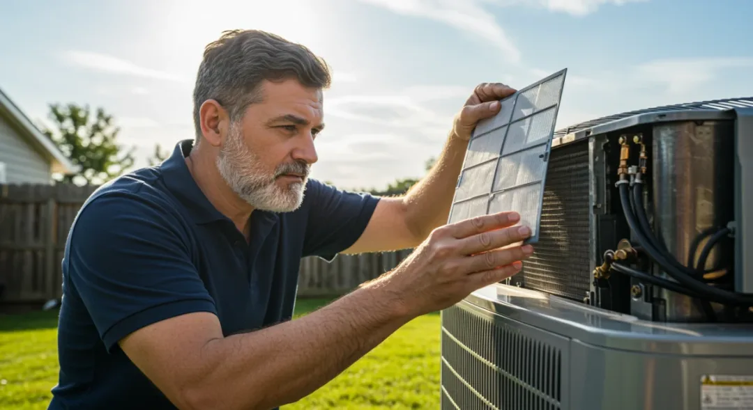 HVAC technician performing AC maintenance in residential home