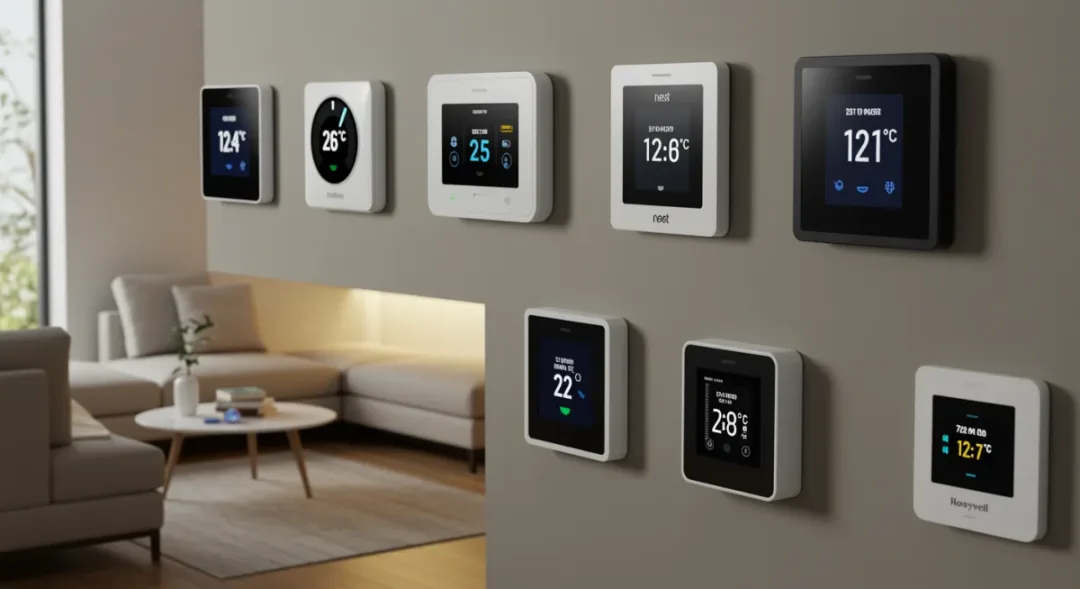 Smart thermostat comparison on modern wall showing ecobee, Nest and Honeywell devices