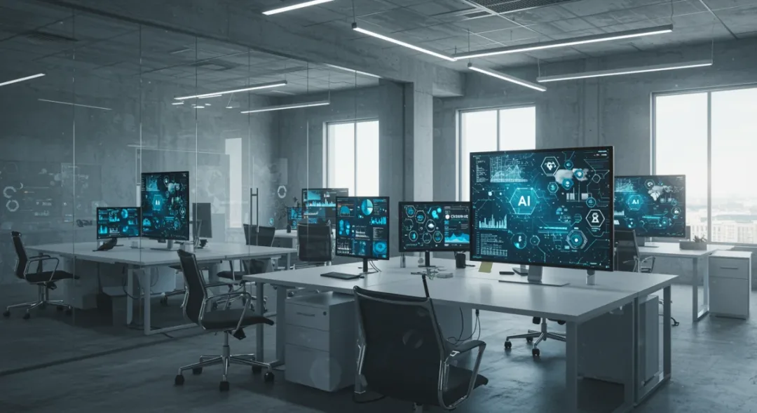 Empty tech office workspace with AI automation screens showing workforce management analytics