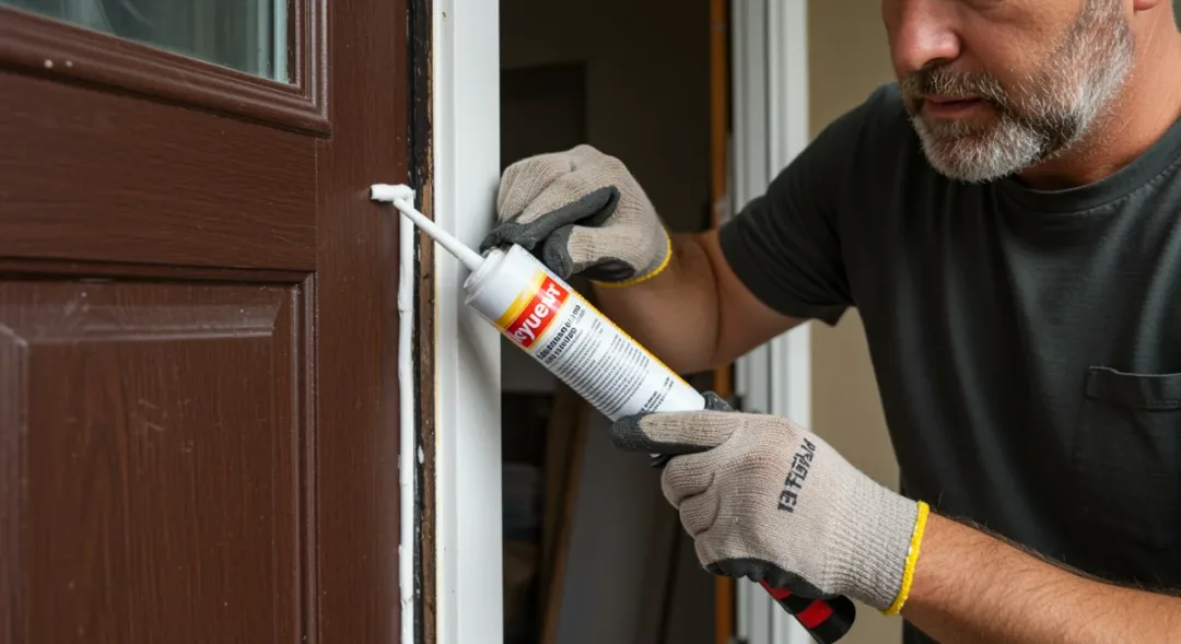 Applying silicone sealant to door frame for draft prevention