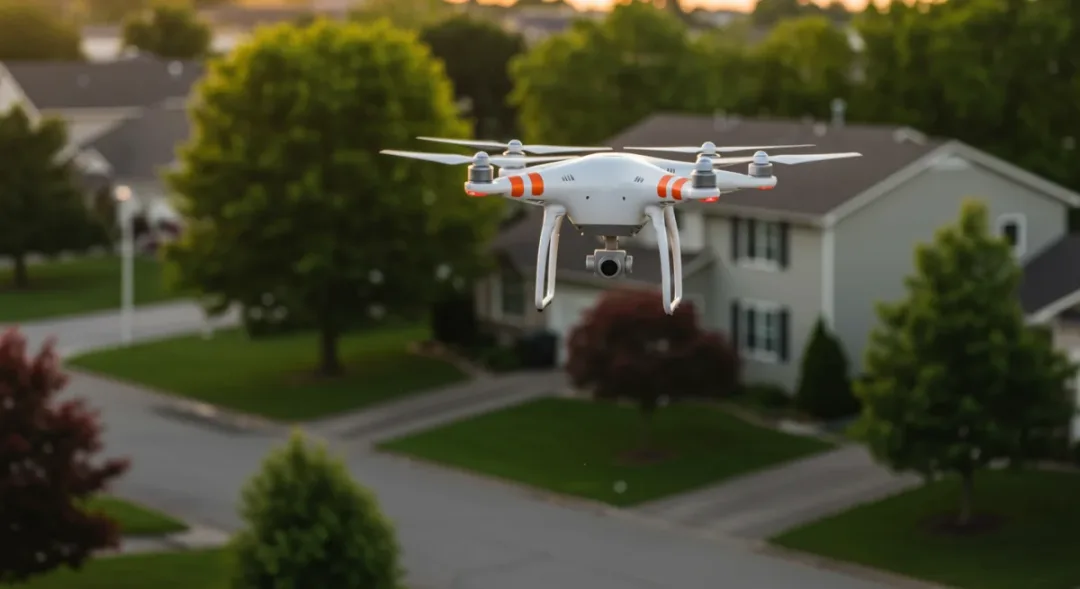 Commercial drone delivering package over suburban neighborhood with FAA regulatory context