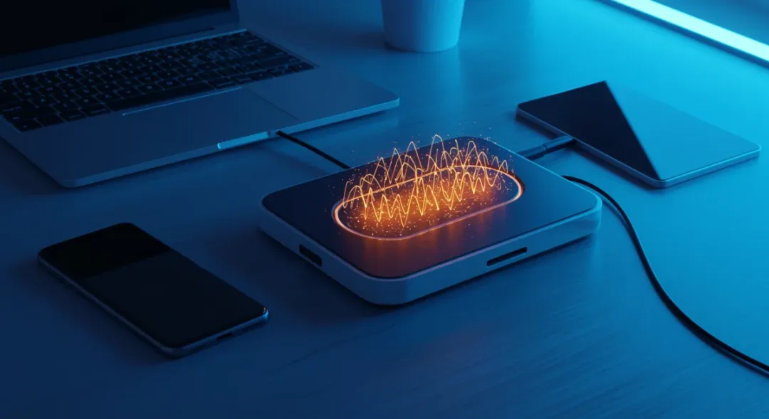 Wireless charging pad powering multiple devices with 100W fast charging technology in modern workspace