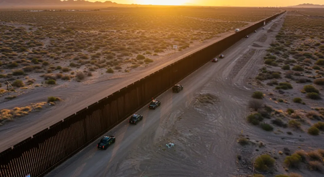 Aerial view of US-Mexico border fence at sunset with border patrol vehicles